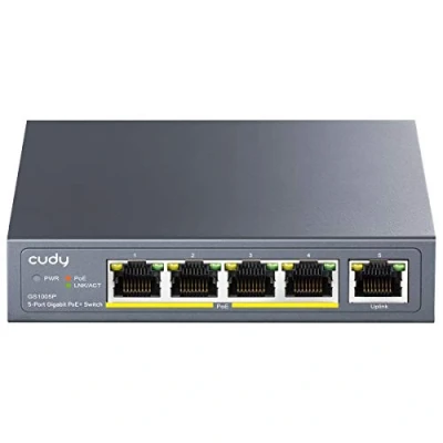 Image de Cudy GS1005P 5 Port Gigabit Ethernet Commutateur PoE+ Non géré, avec 4 @60W, Fixation au Bureau ou Mur, Ports blindés, optimisation du trafic, Plug and Play