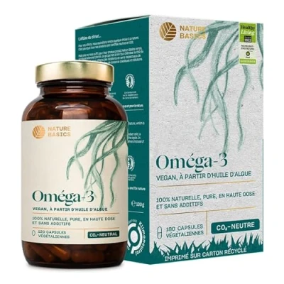 Image de Nature Basics® Huile d&#039;algues Oméga 3 végétalienne 120 (!) gélules hautement dosées dans un bocal en verre certifié durable &amp; neutre CO2 Par gélule 455mg naturels avec 30% DHA 15% EPA