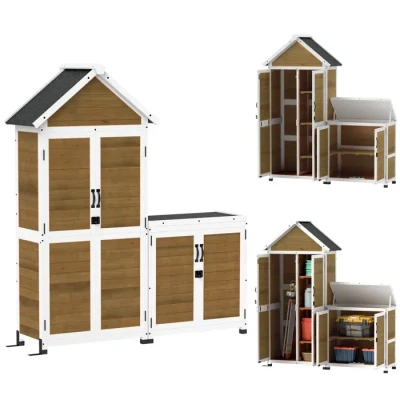 Image de Outsunny Abri de jardin + armoire rangement en bois, cabane extérieur avec toit incliné asphalte étagères et portes verrouillables, à outils résistante aux intempéries, naturel