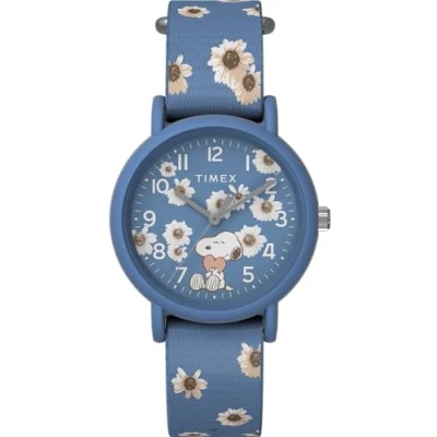 Image de Timex Peanuts Montre pour femmes, 38 mm, bracelet de fixation en tissu rose, simple couche, cadran blanc, boîtier argenté TW2W33200