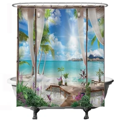 Image de Ulticool Rideau de douche, motif plage et mer, nature, 180 x 200 cm, lavable, anti moisissure, avec 12 anneaux, bleu, blanc, vert