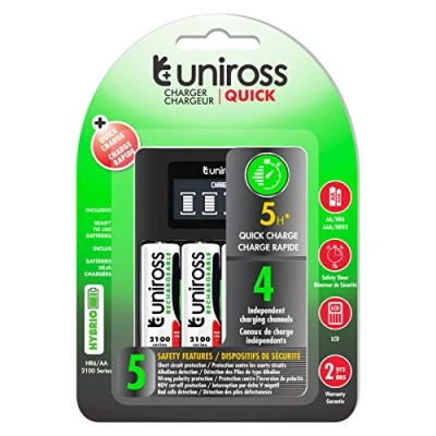 Image de Uniross Chargeur rapide AA/HR6 AAA/HR03 + 4 piles rechargeables AA 1,2 V 2000 mAh