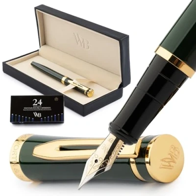 Image de Wordsworth &amp; Black Kit stylo plume, Pointe Extra Fine, comprend 24 cartouches d&#039;encre, convertisseur de recharge d&#039;encre et coffret cadeau, finition chrome, calligraphie, [Vert course]