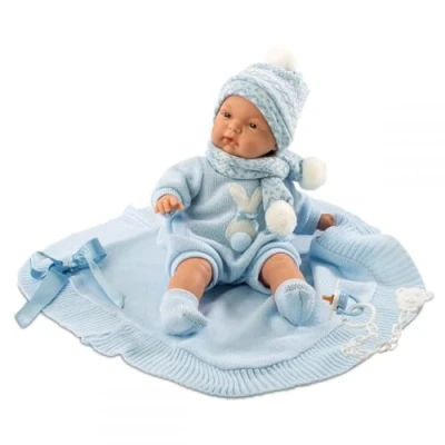Image de Llorens 38937 Poupée Joel aux Yeux Bleus Poupon avec Corps Souple Tenue Bleu Clair Comprend Couverture en Laine, tétine et Attache Garçon Multicolore 38 cm