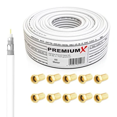 Image de PremiumX Basic Câble coaxial de 50m Réception Parfaite avec Un Blindage en Aluminium Quadruple 135dB Compatible DVB S/S2, C, T, installations BK 10 connecteurs F Inclus