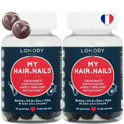 Image de Pack 2 mois Complement alimentaire Cheveux Gummies Pousse Très Rapide Fortifiant Ongles Formule Complète Sans Sucres Made in France Fruitée Biotine Vitamines B12 B6 D E Zinc Selenium