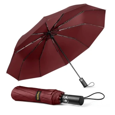 Image de TechRise Parapluie Pliable, Automatique Compact Coupe vent avec 10 Baleines, Ouverture et Fermeture Automatiques à un Seul Bouton, de Voyage Portable pour Hommes Femmes, Rouge