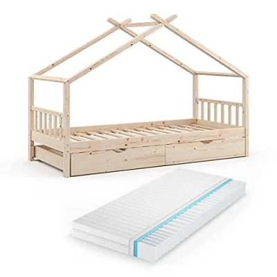 Image de Vitalispa lit cabane Design, Naturel bois, 90x200 cm avec d&#039;appoint et matelas