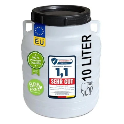 Image de plasteo® Fût à col large de 10 litres avec couvercle et anse rond naturel, convient un usage alimentaire sans BPA, tonneau universel en plastique couvercle, eau, récupérateur d&#039;eau