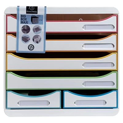 Image de Exacompta Réf. 312913D BIG BOX MAXI 1 Caisson 4 tiroirs pour document A4+ et 2 petits ranger des ustensiles Dimensions extérieures : P 34,7 x l 27,8 H 27,1 cm Blanc/arlequin