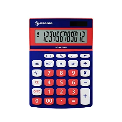 Image de Osama, Metacolor Calculatrice Bureau à 12 Chiffres + Écran Incliné en Métal, College et Lycee avec Recharge Solaire Calculette Idéal comme Fourniture Accessoire Bureau, Bleu/Rouge