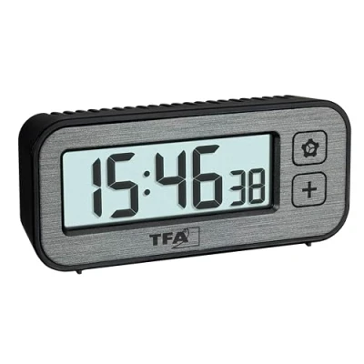 Image de TFA Dostmann 60.2039.10 Mini réveil numérique avec Interrupteur de température et d&#039;humidité valeurs maximales minimales, Alarme Horloge à Quartz, Petit Voyage, sans tic tac