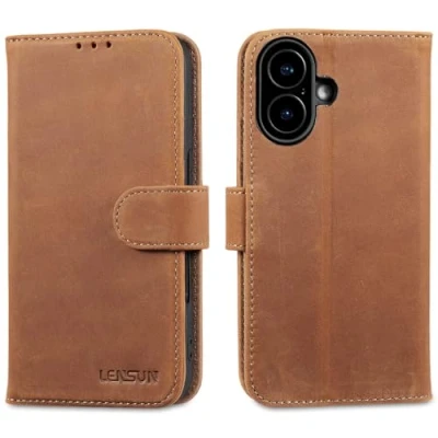 Image de LENSUN Coque pour iPhone 16, Étui Cuir Véritable Portefeuille Housse [RFID Blocage] avec Rangements Cartes et Fermoir Magnétique Compatible Apple 16 (6,1&quot;) Brun Rétro