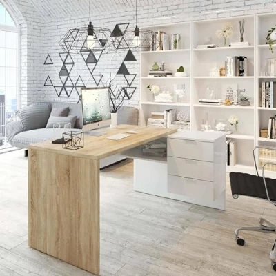 Image de Dmora Bureau Greensboro, réversible multifonctionnel avec tiroirs, d&#039;angle support PC ou table de bureau, 145x108h73 cm, Chêne et Blanc