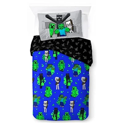Image de Jay Franco Minecraft Riposte, Parure de lit Enfant 140x200 cm, 100% Coton, 1 Personne Comprend Housse Couette &amp; taie d&#039;oreiller Convient aux Lits 90x190cm à 90x200cm