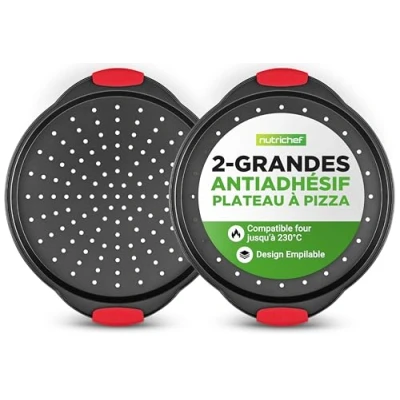 Image de NutriChef NCBPIZX2 Lot de 2 plaques à pizza antiadhésives avec poignée en silicone et surdimensionnée silicone, PFOA, PFOS, PTFE
