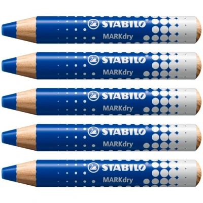 Image de Crayon marqueur STABILO MARKdry Lot de 5 Crayons Ardoises et Tableaux blancs, Large à Mine XXL, Effaçable bleu