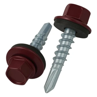 Image de 4.8 mm x 35 vis de toiture, tête hexagonale autoperceuse colorée (RAL 3005 Rouge vin) toit avec rondelle scellée en EPDM, à gros filets trempés zingués antirouille (50 pièces)
