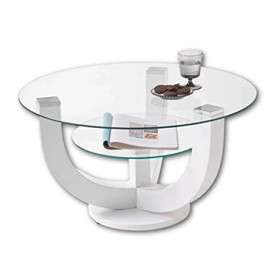Image de Stella Trading Denver Basse Ronde Blanc Brillant Élégante Table en Verre avec étagère et Structure incurvée pour Votre Salon, 80 x 40 cm