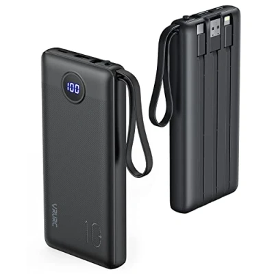 Image de VRURC Batterie Externe Câble intégré 10000mAh Power Bank USB C 5 Sorties Ultra Mince Portable avec l’Ecran LED pour iPhone Huawei Samsung (Noir)