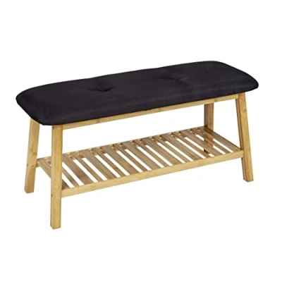 Image de WENKO Banc de Rangement Bois Ecori avec Assise rembourrée, étagère à Chaussures en Bambou (certifié FSC®) pour Max. 4 Paires Chaussures, Housse Polyester recyclé, 90 x 45 33 cm, Naturel/Noir
