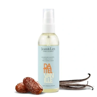 Image de Jean &amp; Len Huile Capillaire Nourrissante Datte et Vanille, Effet Anti Frisottis, pour Cheveux Secs Cassants, Action Démêlante, Parfum sans Silicones ni Parabènes, Végan, 100 ml