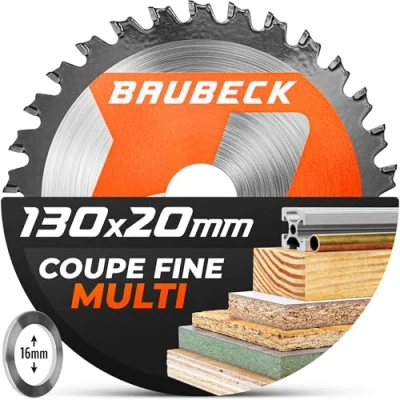 Image de BAUBECK lame de scie 130x20 1,5 mm Coupe fine dans le bois et l&#039;aluminium, 36 dents compatible avec les scies circulaires portatives sans fil plongeantes, circulaire 130 x