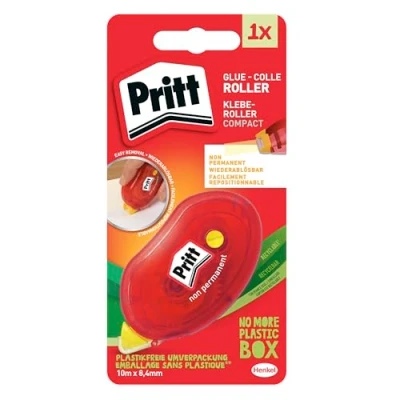 Image de Pritt Roller de colle Compact non permanent, ruban adhésif double face repositionnable pour papier, carton, photos, verre et plastique, longueur env. 10 m, largeur 8,4 mm