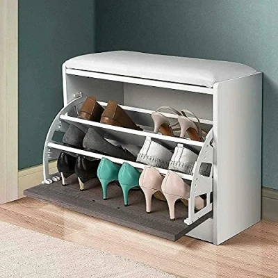 Image de BAKAJI Banc à Chaussures pour Gain de Place en Bois, avec Porte Rabat, Triple Profondeur et Assise Simili Cuir, Dimensions 60 x 30 48 cm (Gris chêne)