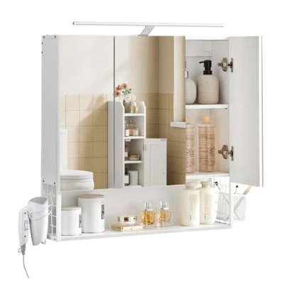 Image de VASAGLE Meuble de Salle Bain 3 Portes, Armoire Murale avec Miroir, Multiprise, Panier Suspendu, Support pour Sèche Cheveux, Bain, Lavabo, Blanc Nuage BBK124W14