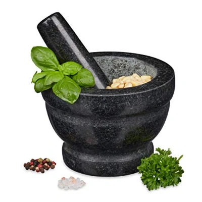 Image de Relaxdays mortier en granit avec pilon, robuste, pour épices, herbes, pierre polie, d. 14 cm, 400 ml, gris