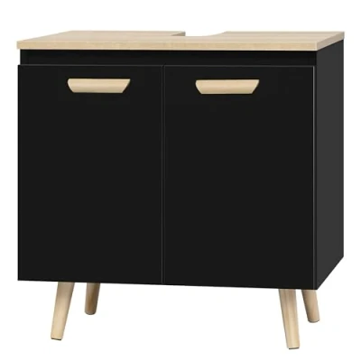 Image de EUGAD Meuble sous Lavabo, de Salle Bain, Armoire Rangement pour Placard WC Lavabo avec Portes, Noir + chêne, 60x40x60,5cm, Découpe du Siphon 9x19cm