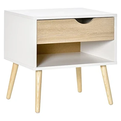 Image de HOMCOM Table de Chevet, Nuit, avec tiroir, Design Moderne, Pieds en Bois Massif, 50 x 39 51 cm, Blanc et Naturel