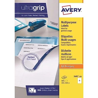 Image de AVERY 400 Étiquettes Multi Usages UltraGrip Personnalisables Sans Bourrage Format 105 x 148 mm Impression Laser, Jet d&#039;Encre et Copieur