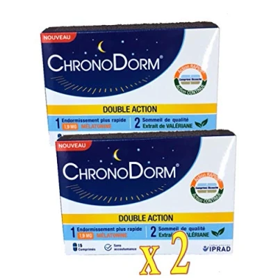 Image de CHRONODORM mélatonine et PLANTES Double Action 1.9 mg (15 cp) Phytothérapie pour favoriser l&#039;endormissement Lot de 2 Boites 15 Comprimés (2)