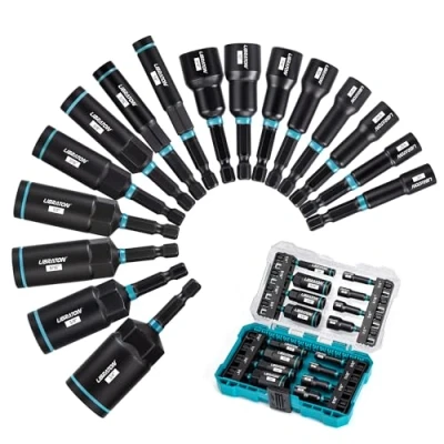 Image de LIBRATON Lot de Tourne écrous magnétique, 16 embouts tournevis, écrousprofond, tournevis à écrou SAE pour perceuse, 1/4&quot; 9/16&quot; et écrousprofond 4/3&quot;, avec boîte
