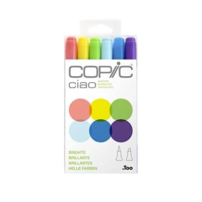 Image de COPIC Ciao Set « Brights », 6 marqueurs Twin avec une pointe moyenne et Brush