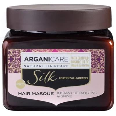 Image de Arganicare Gamme Soie MASQUE FORTIFIANT Protéine de Hydrate et Nourrit les cheveux Lutte contre la Casse Effet Brillant Haute Hydratation Tous types 500 mL