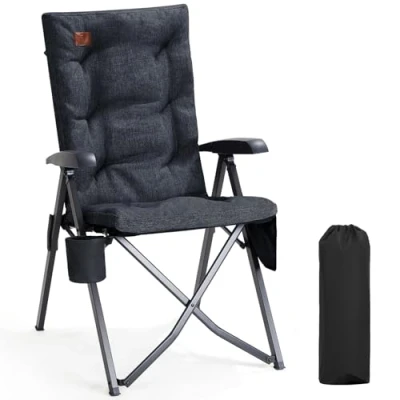 Image de EVER ADVANCED chaise de camping pliable avec dossier réglable en 4 positions, jusqu&#039;à 150 kg, 6 cm d&#039;épaisseur, rembourrée, poche latérale, porte boisson, jardin, haut,