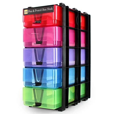 Image de WestonBoxes stylos et crayons Stak : Optimisez le rangement ! Unité de empilable avec 5 bacs colorés transparents. Désencombrez maintenant Organisez vos style