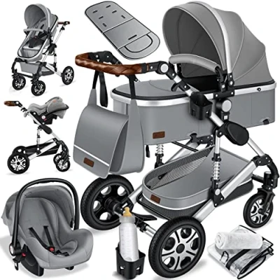 Image de KESSER® Loops 3 en 1 Poussette combinée set complet incl. baignoire bébé &amp; buggy siège sport auto pour pneus pleins sac à langer/pare pluie/table d&#039;enfant (Gris Asphalte/Argent)