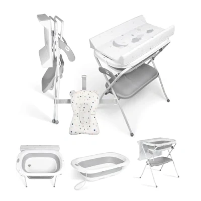 Image de Ms Baignoire bébé avec pieds, matelas à langer, coussin réducteur et panier porte objets Commode, facile ranger, bouchon pieds antidérapants pliable portable