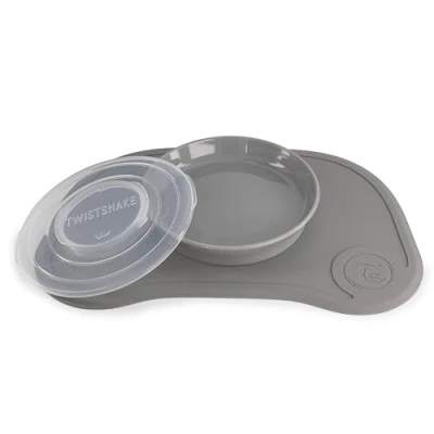 Image de Twistshake Click Mat 38 x 25 cm Napperons pour Table + Scellé Assiette d&#039;Apprentissage avec Couvercles Le Repas de Bébés, Set Vaisselle Nourriture, Sans BPA, 6+ Mois, Gris Pastel, ⌀ 5cm