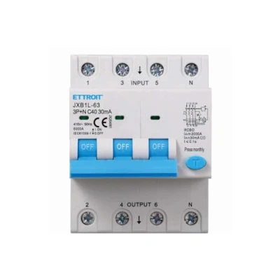 Image de Interrupteur magnétothermique différentiel, 3P+N 6KA 380V, occupe 4 modules DIN, RCBO 30mA C40 40A