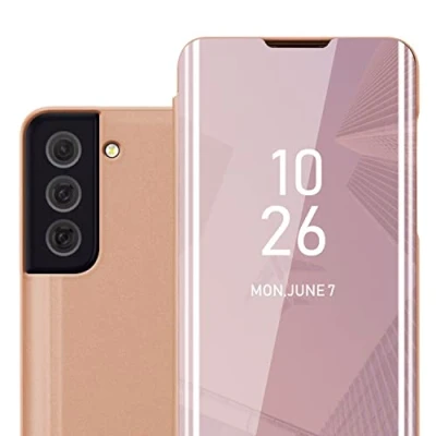 Image de Coque pour Samsung Galaxy S22 en KUNZIT ROSE Clear View Housse de Protection Étui miroir avec fonction support à 360 degrés Neuf