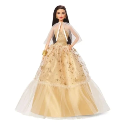 Image de Barbie Signature Poupée Joyeux Noël 2023 Spéciale Fêtes avec Robe De Soirée Dorée, Cheveux Noirs Et Emballage Présentation, À Collectionner, Jouet Enfant, Dès 3 Ans, HJX07