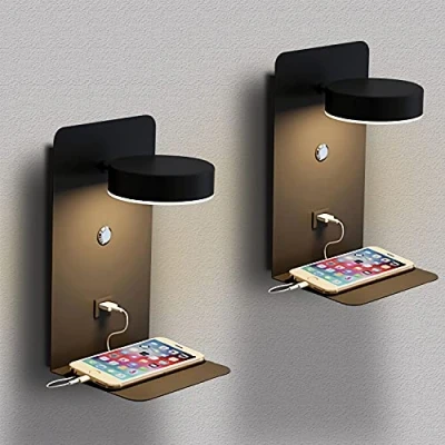 Image de SENFAY Lot de 2 Applique murale Chambre LED avec port charge USB, lampe Tactile Dimmable, 12W Intérieure noir fil prise, 350 lecture Rotative