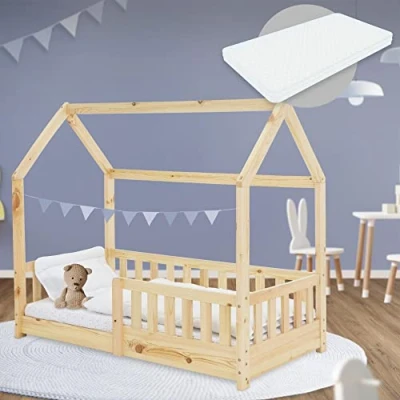 Image de ML Design Lit d&#039;enfant en Forme Maison 70x140 cm Naturel avec Matelas à Mousse Froide Polyester, Housse Amovible, Sommier Lattes, Anti Chute, Bois de Pin Massif, Protection Contre Chutes