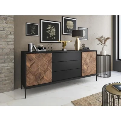 Image de Vente unique Buffet avec 2 Portes et 3 tiroirs Noir Naturel foncé MIALINE