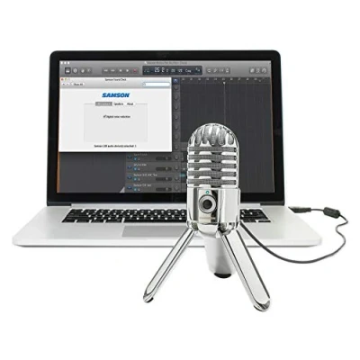 Image de Samson Meteor Mic Portable USB Studio Quality Condenser Microphone High Performance, General Purpose/Podcast/Gaming/Music Recording Microphone, 16 bit, 44.1/48kHz resolution, Silver Chrome